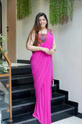 Fuchsia Pink Ready-to-Wear Saree with Multicolour Floral Embroidered Sleeveless Blouse