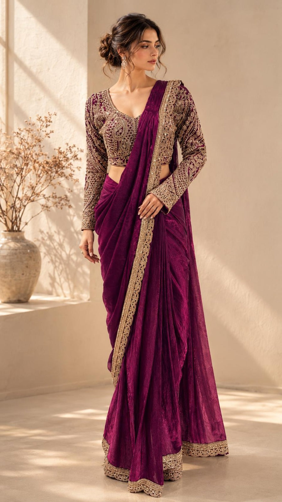 Embroidered Designer Saree with Full-Sleeve Paisley Embroidered Blouse