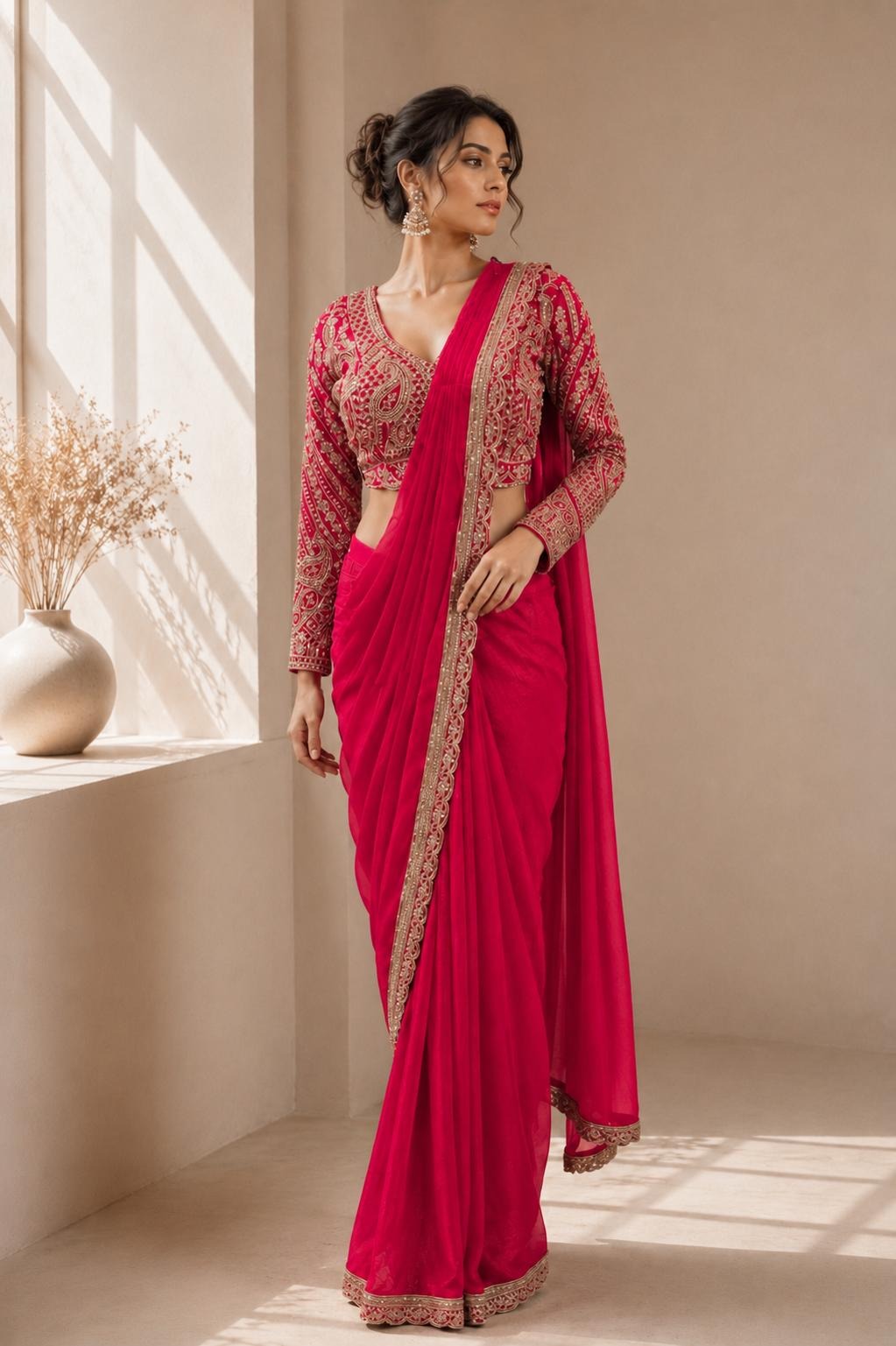 Embroidered Designer Saree with Full-Sleeve Paisley Embroidered Blouse
