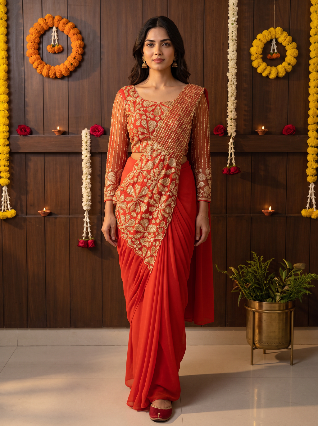 Designer Pre-Draped Faux Georgette Saree Set with Embroidered Bodice