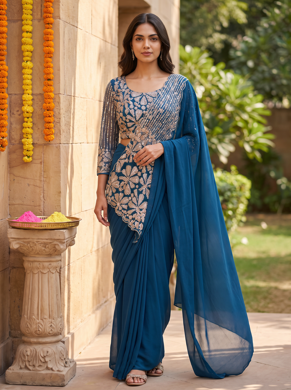Designer Pre-Draped Faux Georgette Saree Set with Embroidered Bodice