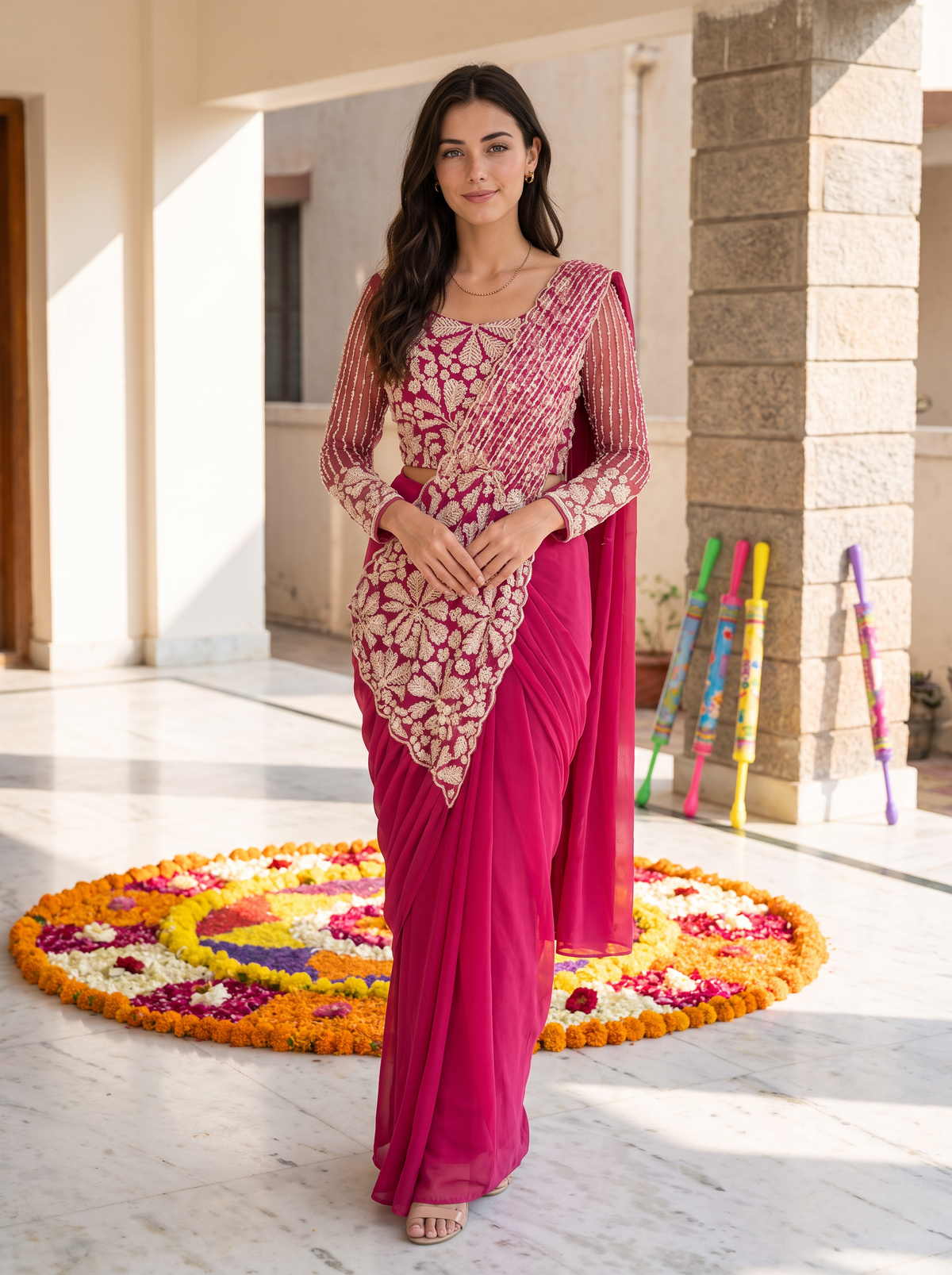 Designer Pre-Draped Faux Georgette Saree Set with Embroidered Bodice