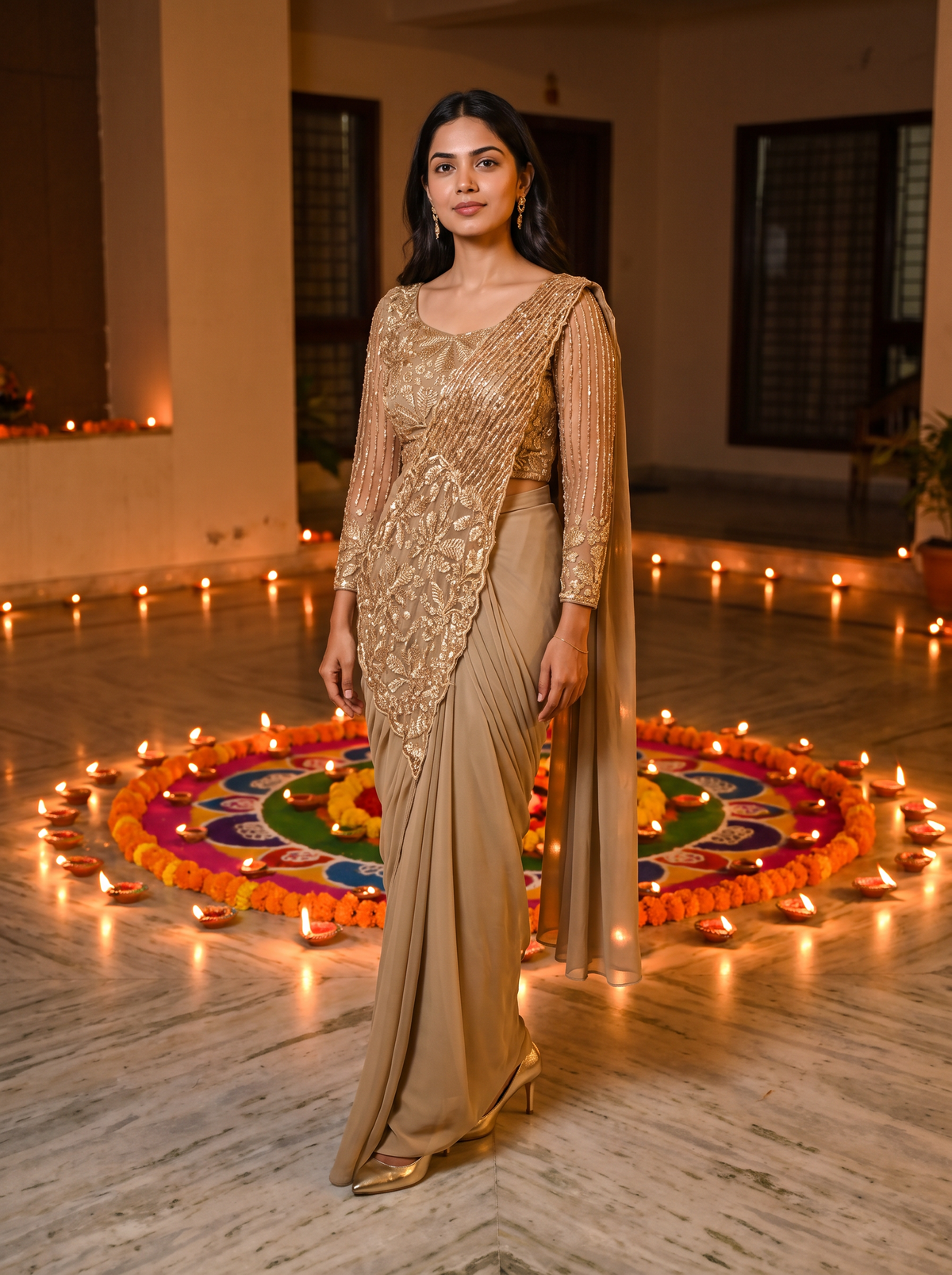 Designer Pre-Draped Faux Georgette Saree Set with Embroidered Bodice