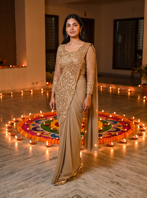 Designer Pre-Draped Faux Georgette Saree Set with Embroidered Bodice