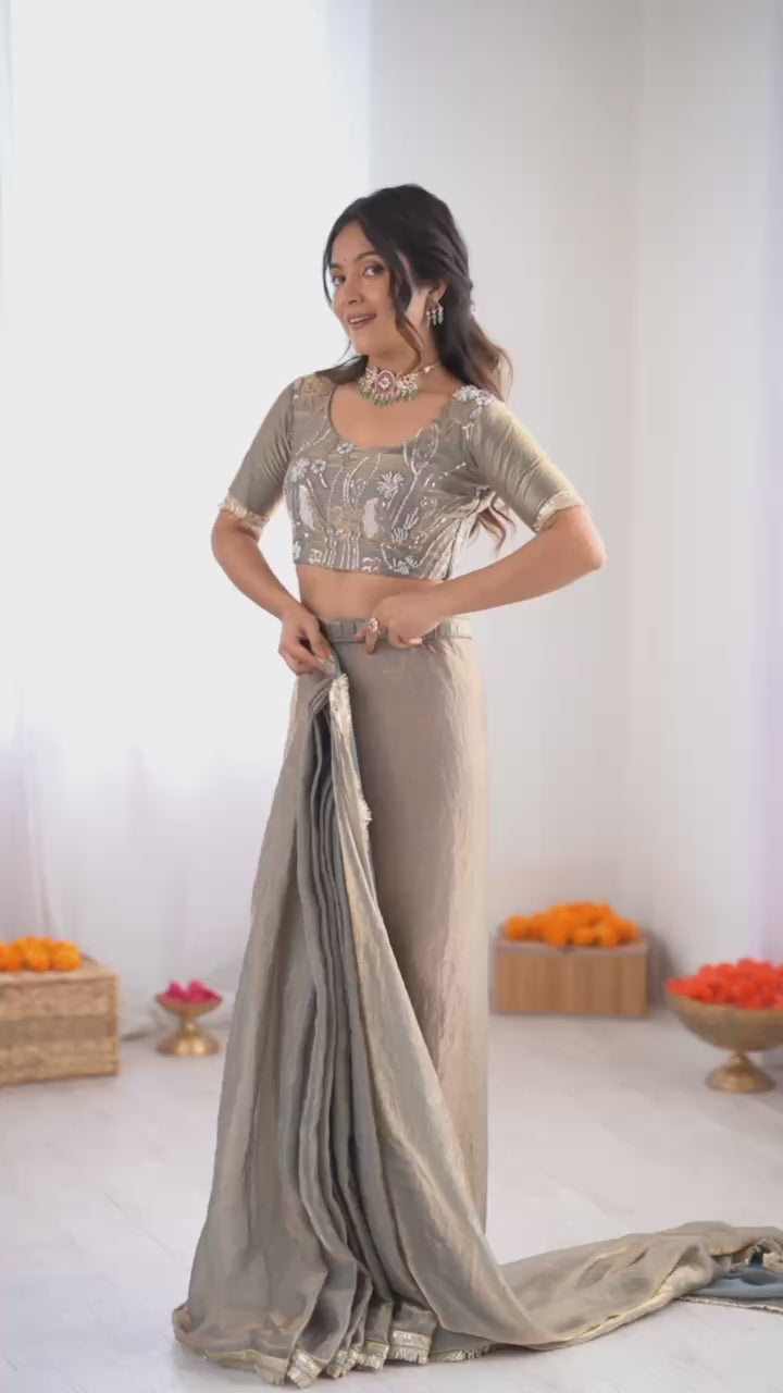 Festive Fendi Silk Saree with Gota Patti Border & Hand-Embroidered Blouse piece