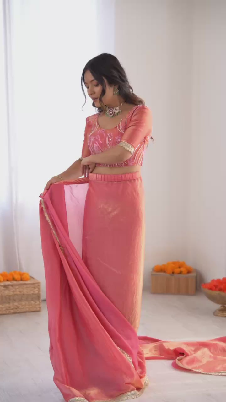 Festive Fendi Silk Saree with Gota Patti Border & Hand-Embroidered Blouse piece