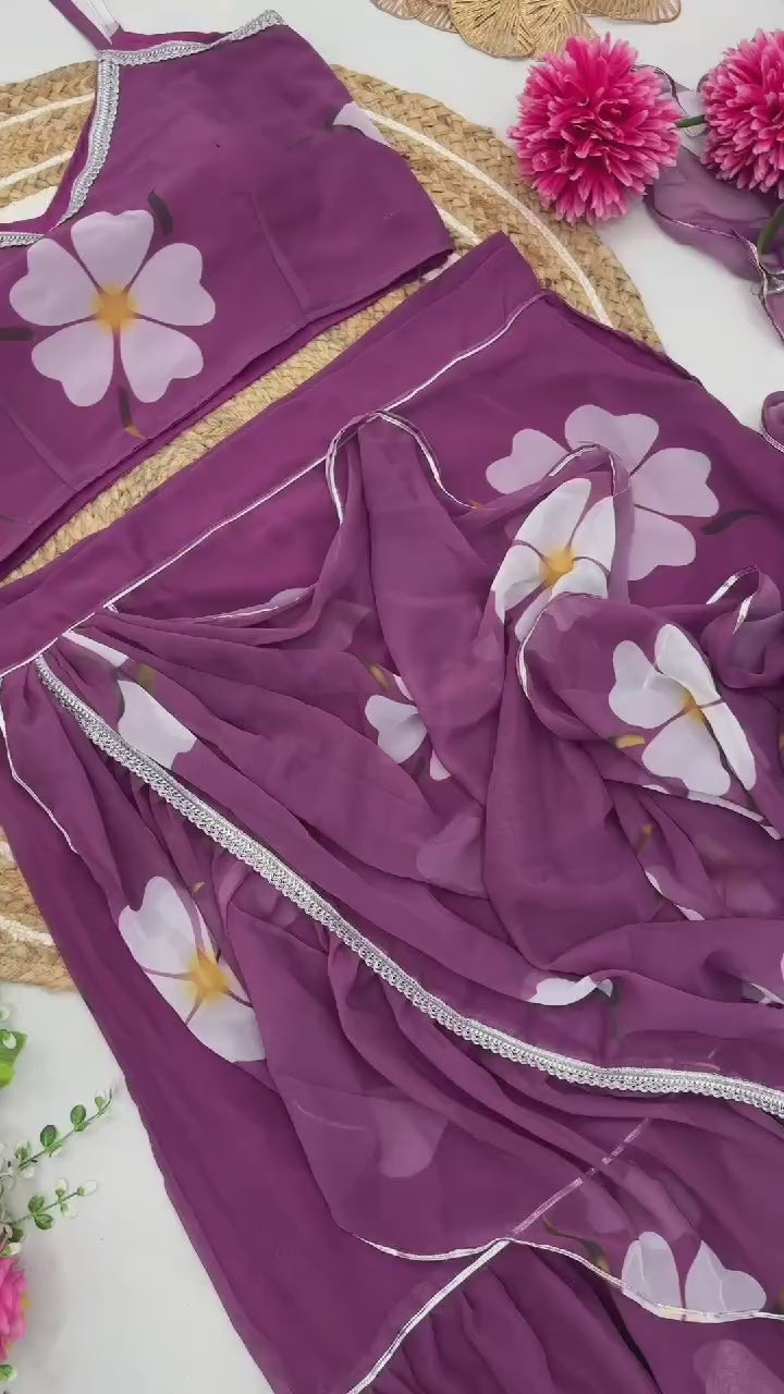 Mauve Floral Print Georgette Ruffle Saree