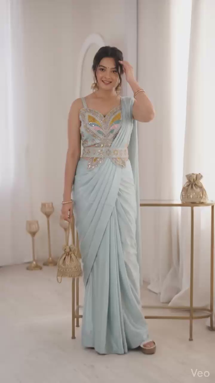 Luxe Ready-to-Wear Crepe Saree with embellished butterfly sequence blouse & matching belt