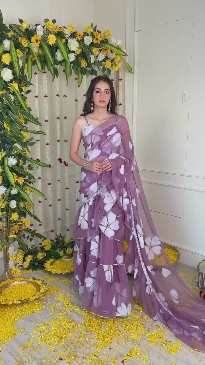Mauve Floral Print Georgette Ruffle Saree
