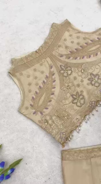 Champagne Beige Pre-Draped Saree with Embroidered Scalloped Border